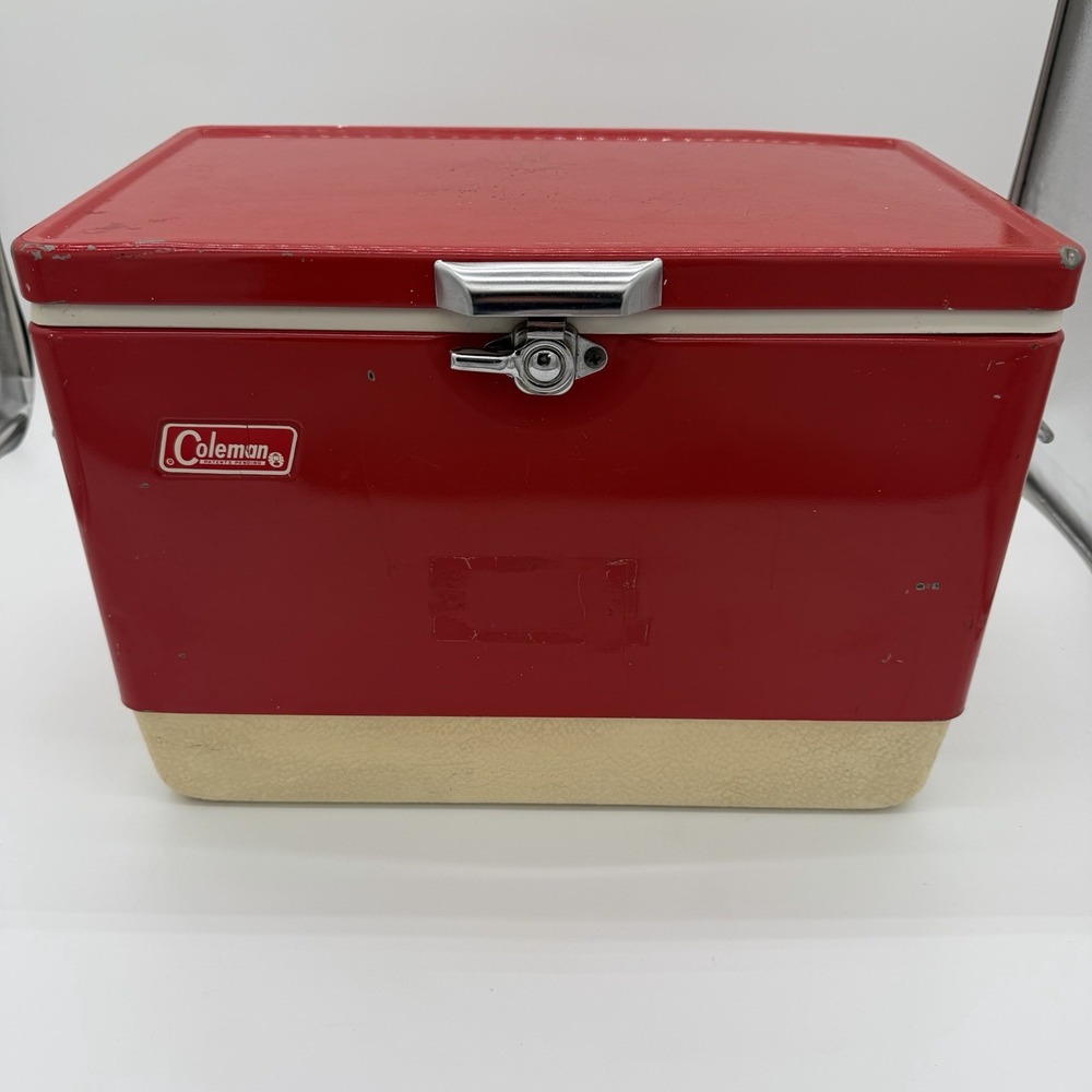 Vintage 1970s Coleman Metal Cooler Red 18x13x10 Made In USA Camping Outdoors 70s